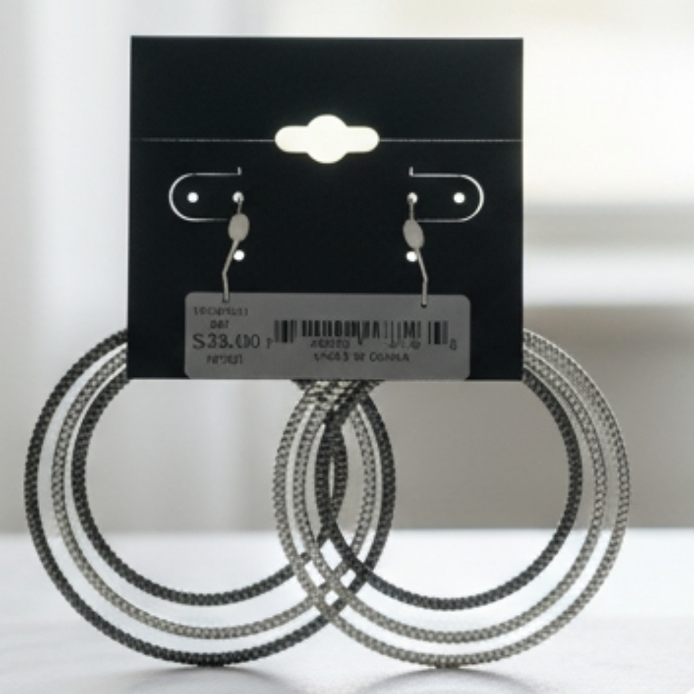 GUESS Silver and Black Pave Orbital Multi-Layer Hoop Earrings NEW - Picture 2 of 2